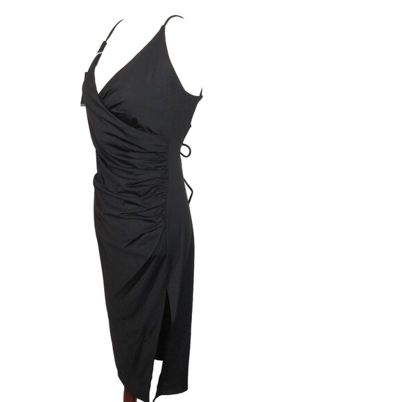 Halara Black Wrap Look Side Ruched Side Slit Bodycon Dress Size Medium - Picture 3 of 10